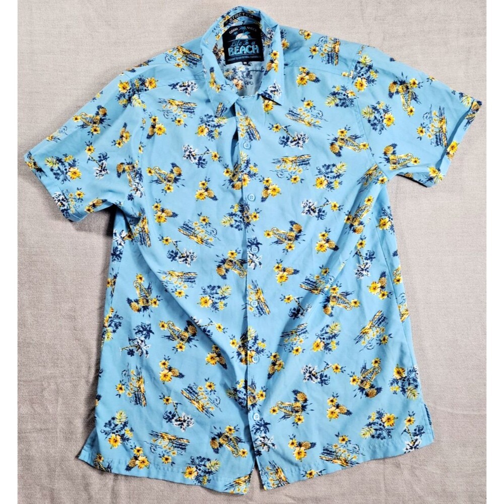 Good Vibes Life is a Beach Men M Stretch Floral Hawaiian Casual Button Up Shirt